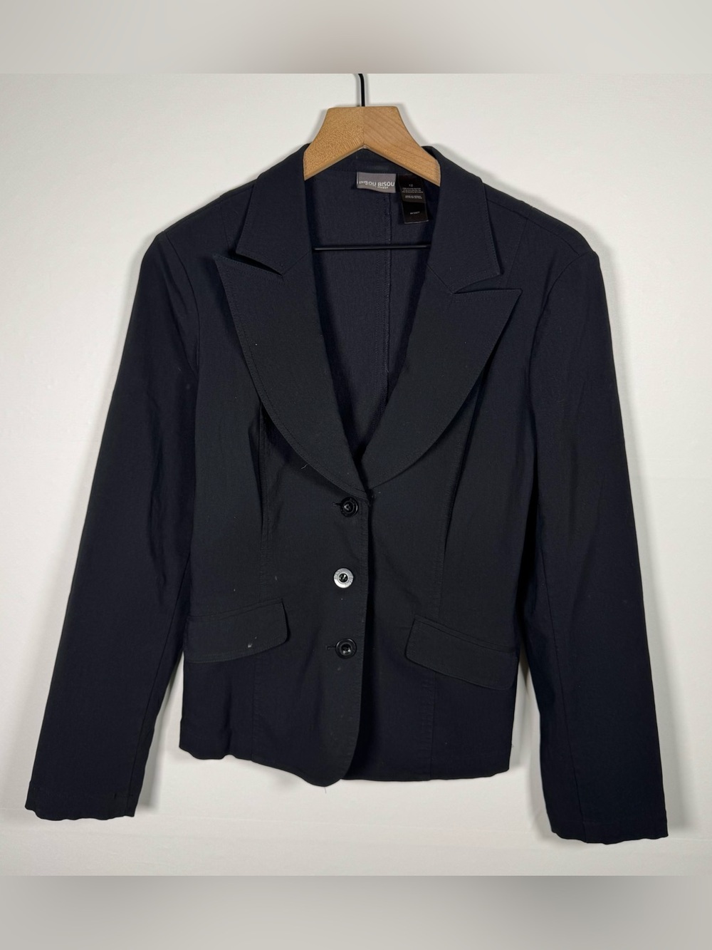 BISOU BISOU Black Comfort Stretchy Preppy Three Button Blazer Sz 12
